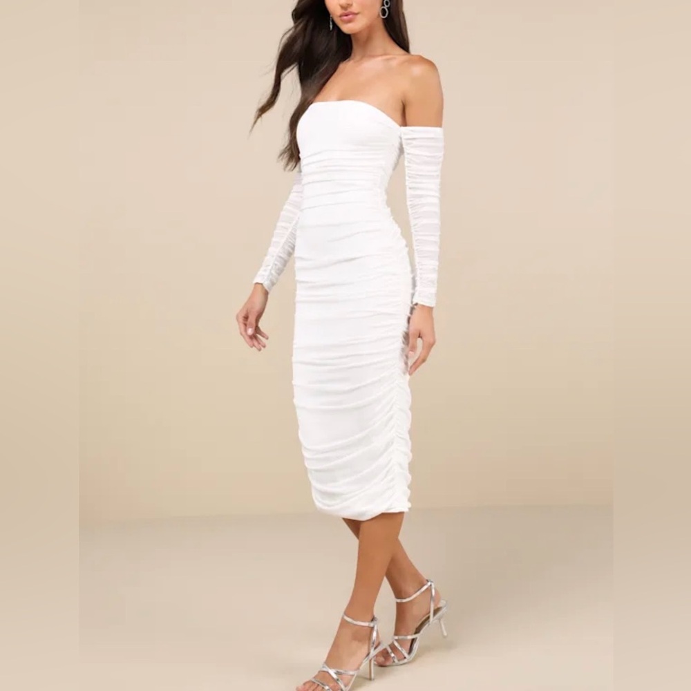 NWT Lulus Desirable Date Ivory Mesh Ruched Off-the-shoulder Midi Dress